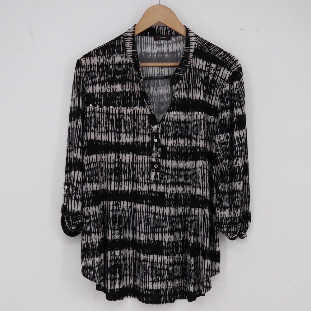 Cocomo Top Women 2X Tunic Black White Abstract Roll Tab Sleeve Excellent